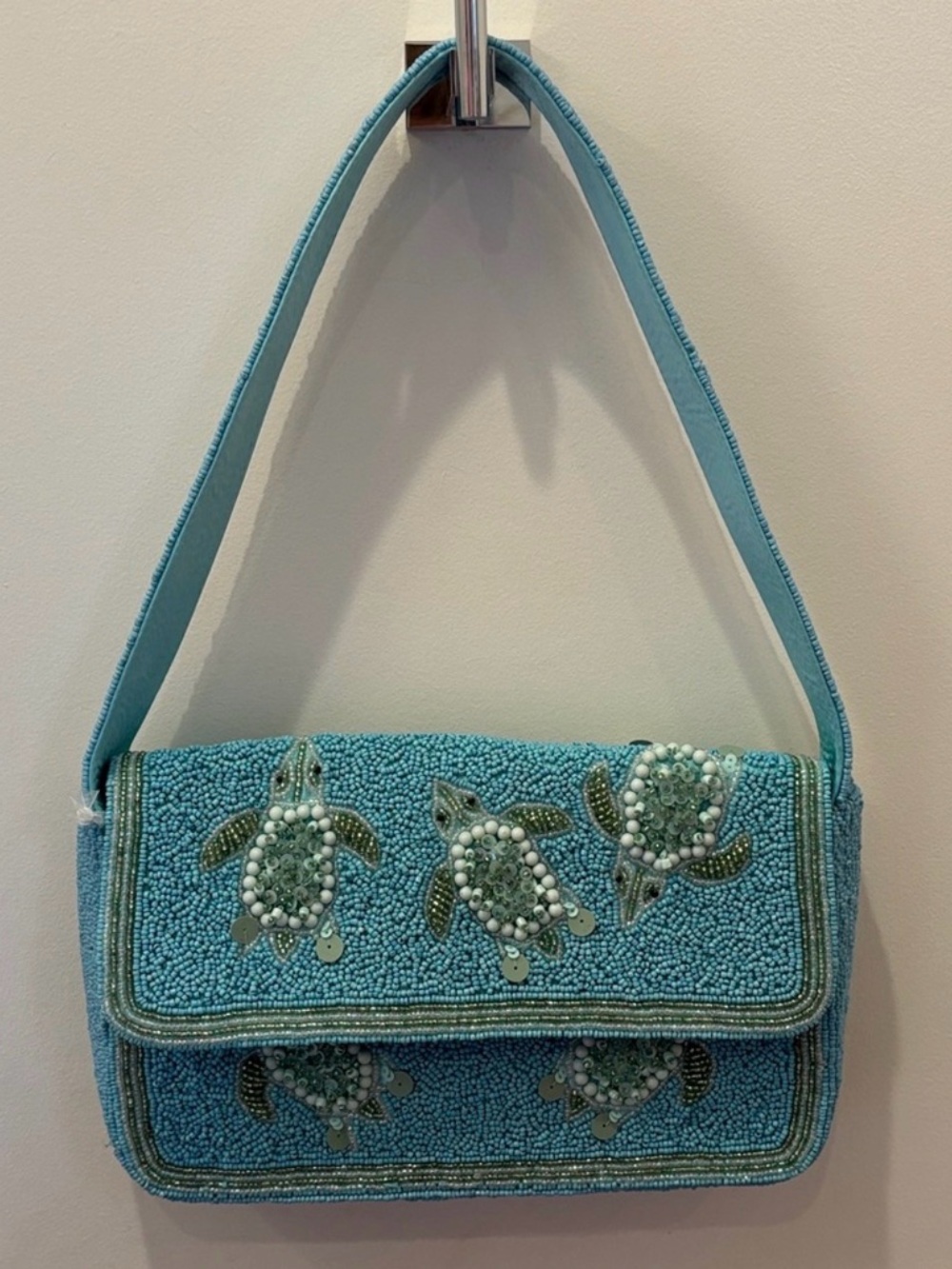 NWT made in India Aqua hand Beaded Turtle shoulder Bag